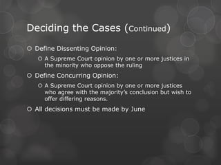Judicial Activism vs. Judicial RestraintDefine Judicial Activism:The belief that the Supreme Court justices should actively make policy and sometimes redefine the Constitution.Define Judicial Restraint:The belief that Supreme Court justices should not actively try to shape social political issues or redefine the Constitution. 
