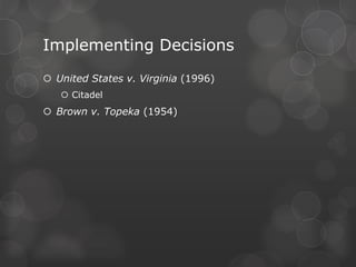 Checks on Judicial PowerLimited Powers of enforcement CongressConfirms all presidential nominees to federal judgeshipsImpeach judges and justicesAlter the organization of the federal courts systems (other than the Supreme court.Ament the constitution The PresidentPublic Opinion