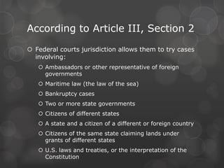 Define: Exclusive JurisdictionThe authority of the federal courts alone to hear and rule in certain casesDefine: Concurrent JurisdictionThe authority to hear cases shared by federal and state courtsWhich Court?Federal criminal law is broken but not a state one?Federal courtA dispute between two state governments? The Supreme CourtCases involving the interpretation of an act of Congress?Federal courtDisputes involving citizens of different states?Either state or federal courtCrime that breaks both state and federal law?Either state or federal court