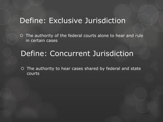 Define: Dual Sovereignty5th Amendment of the ConstitutionProhibits double jeopardySame action violates both state and federal lawDefine: Original JurisdictionThe court’s authority to hear and decide a case for the first time. Define: Appellate Jurisdiction The court’s authority to hear cases on appeal. Types of LawBoth federal and state courts deal with civil law, criminal law, and constitutional law. Define: Civil LawThe type of law dealing with the rights and relationships of private citizens. Define: Criminal LawThe type of law dealing with crimes and providing for their punishment.Define: Constitutional LawThe type of law relating to the interpretation of the Constitution. 