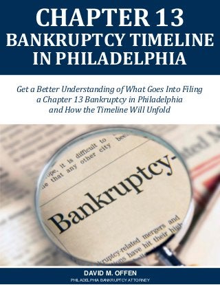 Get a Better Understanding of What Goes Into Filing
a Chapter 13 Bankruptcy in Philadelphia
and How the Timeline Will Unfold
CHAPTER 13
BANKRUPTCY TIMELINE
IN PHILADELPHIA
DAVID M. OFFEN
PHILADELPHIA BANKRUPTCY ATTORNEY
 