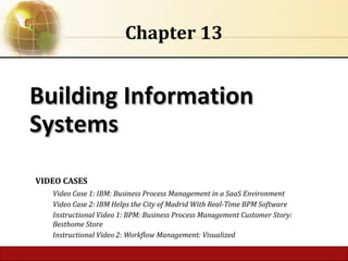 6.1 Copyright © 2014 Pearson Education, Inc. publishing as Prentice Hall
Building Information
Building Information
Systems
Systems
Chapter 13
VIDEO CASES
Video Case 1: IBM: Business Process Management in a SaaS Environment
Video Case 2: IBM Helps the City of Madrid With Real-Time BPM Software
Instructional Video 1: BPM: Business Process Management Customer Story:
Besthome Store
Instructional Video 2: Workflow Management: Visualized
 