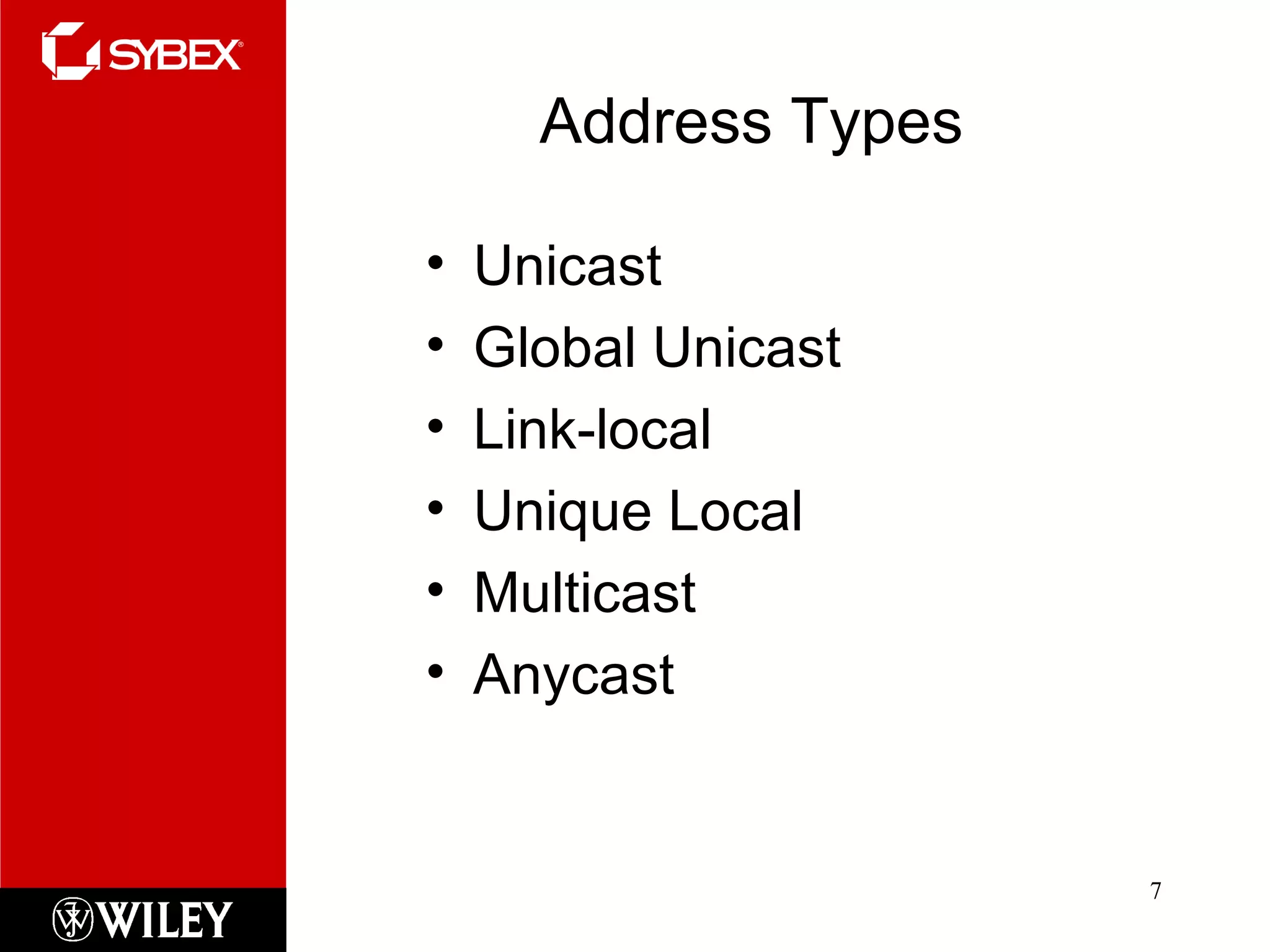 Address Types Unicast Global Unicast Link-local Unique Local Multicast Anycast 