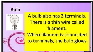 Bulb
A bulb also has 2 terminals.
There is a thin wire called
filament.
When filament is connected
to terminals, the bulb glows
 