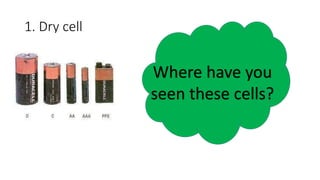 1. Dry cell
Where have you
seen these cells?
 