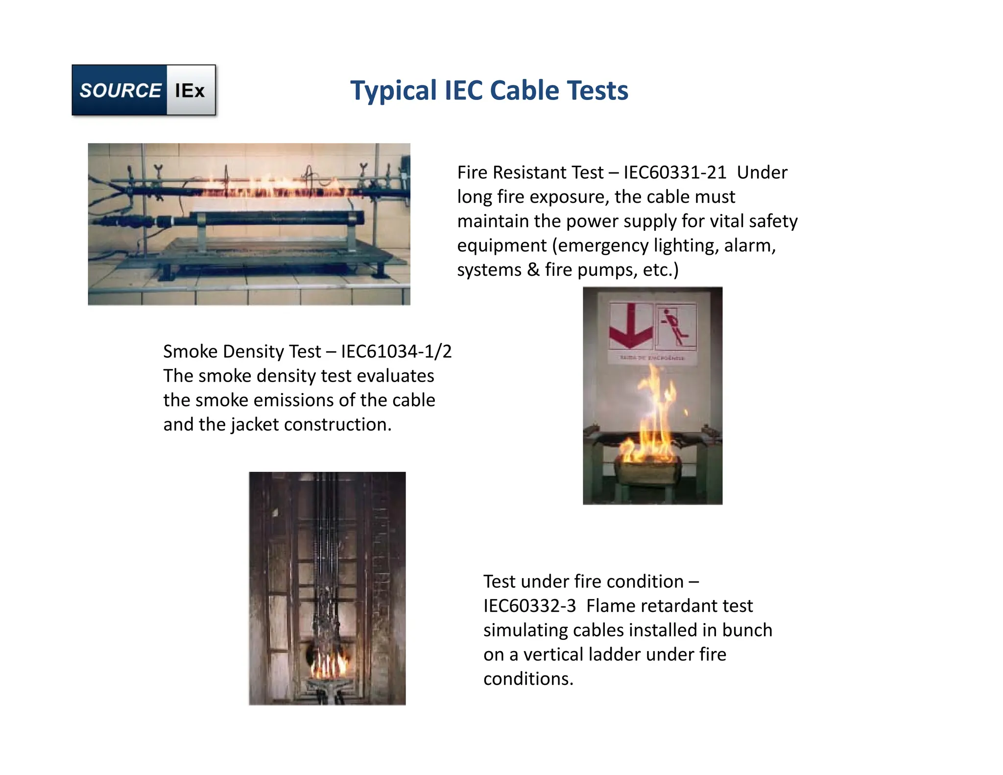 Typical IEC Cable Tests
Fire Resistant Test – IEC60331‐21 Under
long fire exposure, the cable must
maintain the power supply for vital safety
equipment (emergency lighting, alarm,
systems & fire pumps, etc.)
Smoke Density Test – IEC61034‐1/2
The smoke density test evaluates
the smoke emissions of the cable
and the jacket construction.
Test under fire condition –
IEC60332‐3 Flame retardant test
simulating cables installed in bunch
on a vertical ladder under fire
conditions.
 