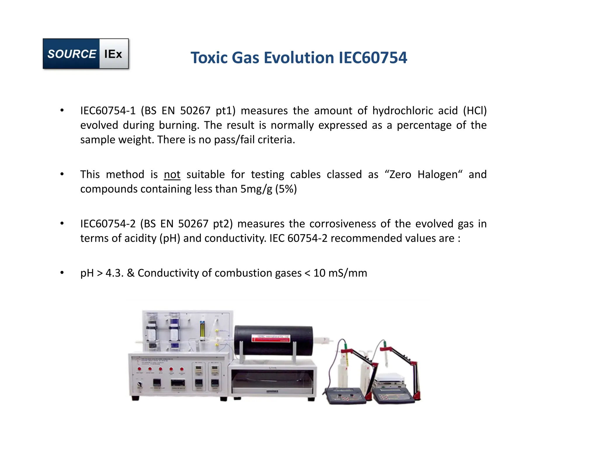 Toxic Gas Evolution IEC60754
• IEC60754‐1 (BS EN 50267 pt1) measures the amount of hydrochloric acid (HCl)
evolved during burning. The result is normally expressed as a percentage of the
sample weight. There is no pass/fail criteria.
• This method is not suitable for testing cables classed as “Zero Halogen“ and
compounds containing less than 5mg/g (5%)
• IEC60754‐2 (BS EN 50267 pt2) measures the corrosiveness of the evolved gas in
terms of acidity (pH) and conductivity. IEC 60754‐2 recommended values are :
• pH > 4.3. & Conductivity of combustion gases < 10 mS/mm
 