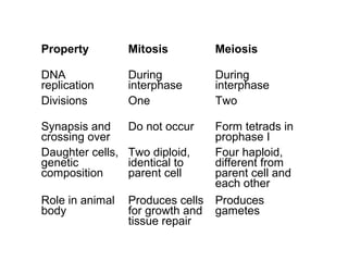 Property Mitosis Meiosis
DNA
replication
During
interphase
During
interphase
Divisions One Two
Synapsis and
crossing over
Do not occur Form tetrads in
prophase I
Daughter cells,
genetic
composition
Two diploid,
identical to
parent cell
Four haploid,
different from
parent cell and
each other
Role in animal
body
Produces cells
for growth and
tissue repair
Produces
gametes
 