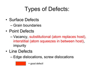 Types of Defects:
• Surface Defects
– Grain boundaries
• Point Defects
– Vacancy, substitutional (atom replaces host),
int...