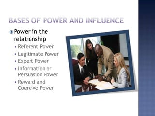 Bases of power and influencePower in the relationshipReferent PowerLegitimate PowerExpert PowerInformation or Persuasion PowerReward and Coercive Power