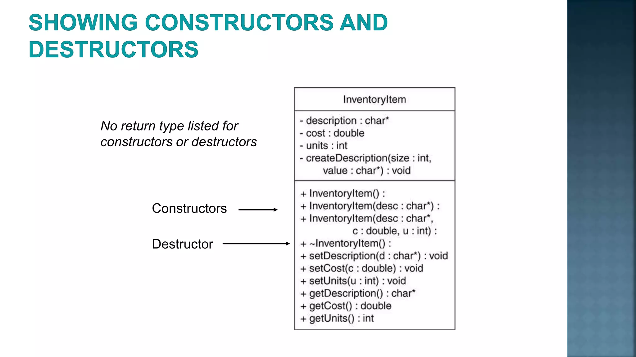 Constructors Destructor No return type listed for constructors or destructors 