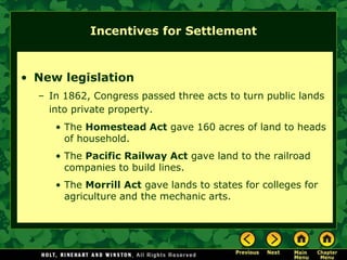Incentives for Settlement



• New legislation
  – In 1862, Congress passed three acts to turn public lands
    into private property.
     • The Homestead Act gave 160 acres of land to heads
       of household.
     • The Pacific Railway Act gave land to the railroad
       companies to build lines.
     • The Morrill Act gave lands to states for colleges for
       agriculture and the mechanic arts.
 