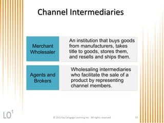 © 2013 by Cengage Learning Inc. All rights reserved 10
Channel Intermediaries
Merchant
Wholesaler
An institution that buys goods
from manufacturers, takes
title to goods, stores them,
and resells and ships them.
Agents and
Brokers
Wholesaling intermediaries
who facilitate the sale of a
product by representing
channel members.
1
 