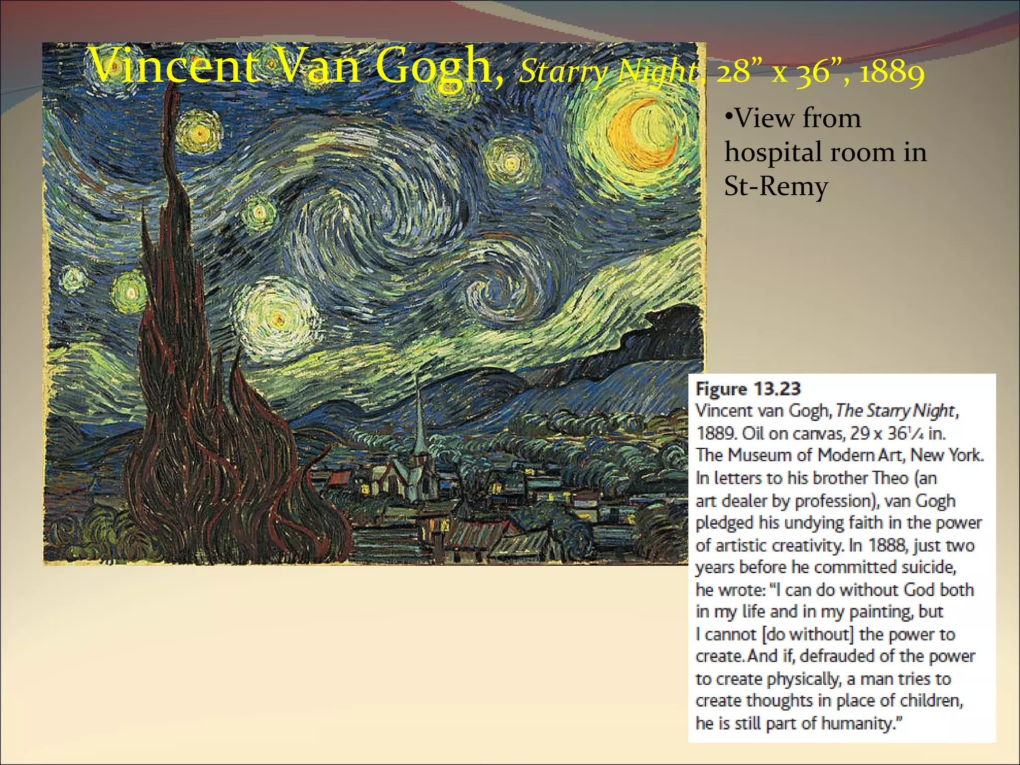 Vincent Van Gogh,  Starry Night , 28” x 36”, 1889 View from hospital room in St-Remy 