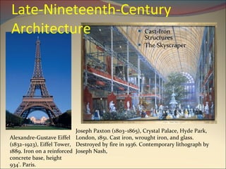 Late-Nineteenth-Century Architecture Cast-Iron Structures The Skyscraper Joseph Paxton (1803–1865), Crystal Palace, Hyde Park, London, 1851. Cast iron, wrought iron, and glass. Destroyed by fire in 1936. Contemporary lithograph by Joseph Nash, Alexandre-Gustave Eiffel (1832–1923), Eiffel Tower, 1889. Iron on a reinforced concrete base, height 934'. Paris. 
