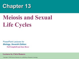 Copyright © 2005 Pearson Education, Inc. publishing as Benjamin Cummings
PowerPoint Lectures for
Biology, Seventh Edition
Neil Campbell and Jane Reece
Lectures by Chris Romero
Chapter 13
Meiosis and Sexual
Life Cycles
 