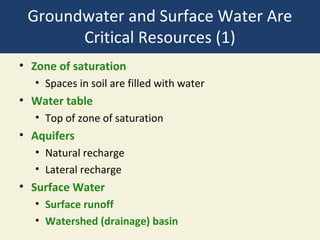 Groundwater and Surface Water Are
       Critical Resources (1)
• Zone of saturation
  • Spaces in soil are filled with water
• Water table
  • Top of zone of saturation
• Aquifers
  • Natural recharge
  • Lateral recharge
• Surface Water
  • Surface runoff
  • Watershed (drainage) basin
 