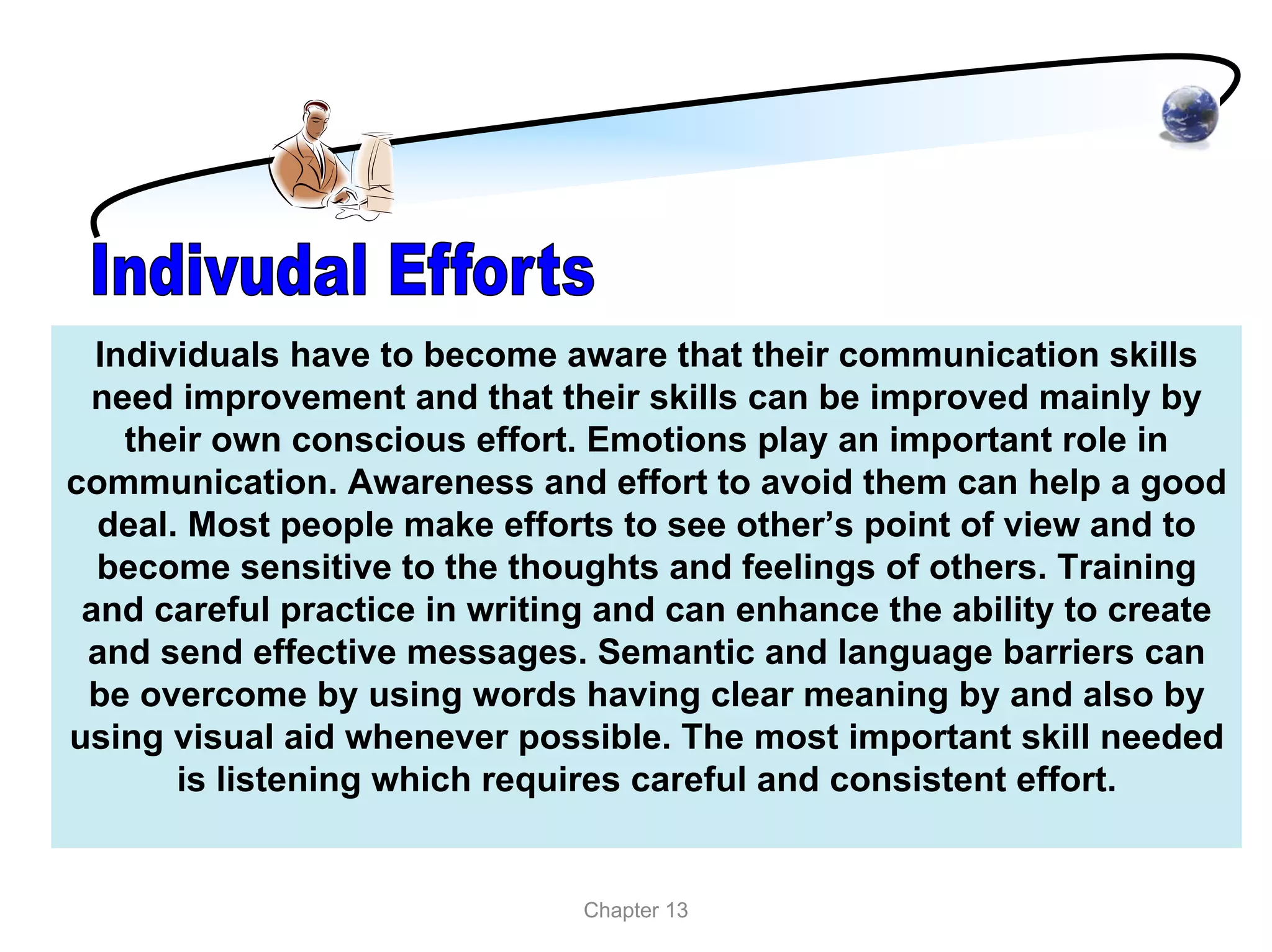 Individuals have to become aware that their communication skills
 need improvement and that their skills can be improved mainly by
    their own conscious effort. Emotions play an important role in
communication. Awareness and effort to avoid them can help a good
  deal. Most people make efforts to see other’s point of view and to
  become sensitive to the thoughts and feelings of others. Training
 and careful practice in writing and can enhance the ability to create
 and send effective messages. Semantic and language barriers can
 be overcome by using words having clear meaning by and also by
using visual aid whenever possible. The most important skill needed
       is listening which requires careful and consistent effort.


                               Chapter 13
 