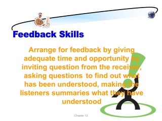 Arrange for feedback by giving
  adequate time and opportunity by
 inviting question from the receiver,
  asking questions to find out what
  has been understood, making the
listeners summaries what they have
             understood
                Chapter 13
 