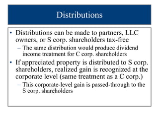 Distributions Distributions can be made to partners, LLC owners, or S corp. shareholders tax-free The same distribution would produce dividend income treatment for C corp. shareholders If appreciated property is distributed to S corp. shareholders, realized gain is recognized at the corporate level (same treatment as a C corp.) This corporate-level gain is passed-through to the S corp. shareholders 
