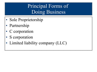 Principal Forms of  Doing Business Sole Proprietorship Partnership C corporation S corporation Limited liability company (LLC) 