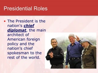 Presidential Roles
• The President is the
nation’s chief
diplomat, the main
architect of
American foreign
policy and the
nation’s chief
spokesman to the
rest of the world.
 