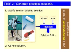 STEP 2 : Generate possible solutions. 1. Modify from an existing solution.  2. Ad hoc solution.  Solutions A, B … Use a  freehand sketch  to record the solutions Ideation Patent Book 
