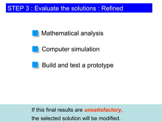 STEP 3 : Evaluate the solutions : Refined If this final results are  unsatisfactory , the selected solution will be modified. Mathematical analysis Computer simulation Build and test a prototype 