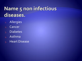 1. Allergies
2. Cancer
3. Diabetes
4. Asthma
5. Heart Disease
 