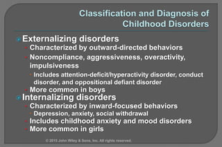 Externalizing disorders
• Characterized by outward-directed behaviors
• Noncompliance, aggressiveness, overactivity,
impu...