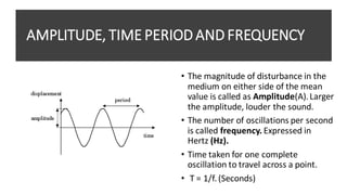 AMPLITUDE, TIME PERIOD AND FREQUENCY
• The magnitude of disturbance in the
medium on either side of the mean
value is called as Amplitude(A).Larger
the amplitude, louder the sound.
• The number of oscillations per second
is called frequency. Expressed in
Hertz (Hz).
• Time taken for one complete
oscillation to travel across a point.
• T = 1/f.(Seconds)
 