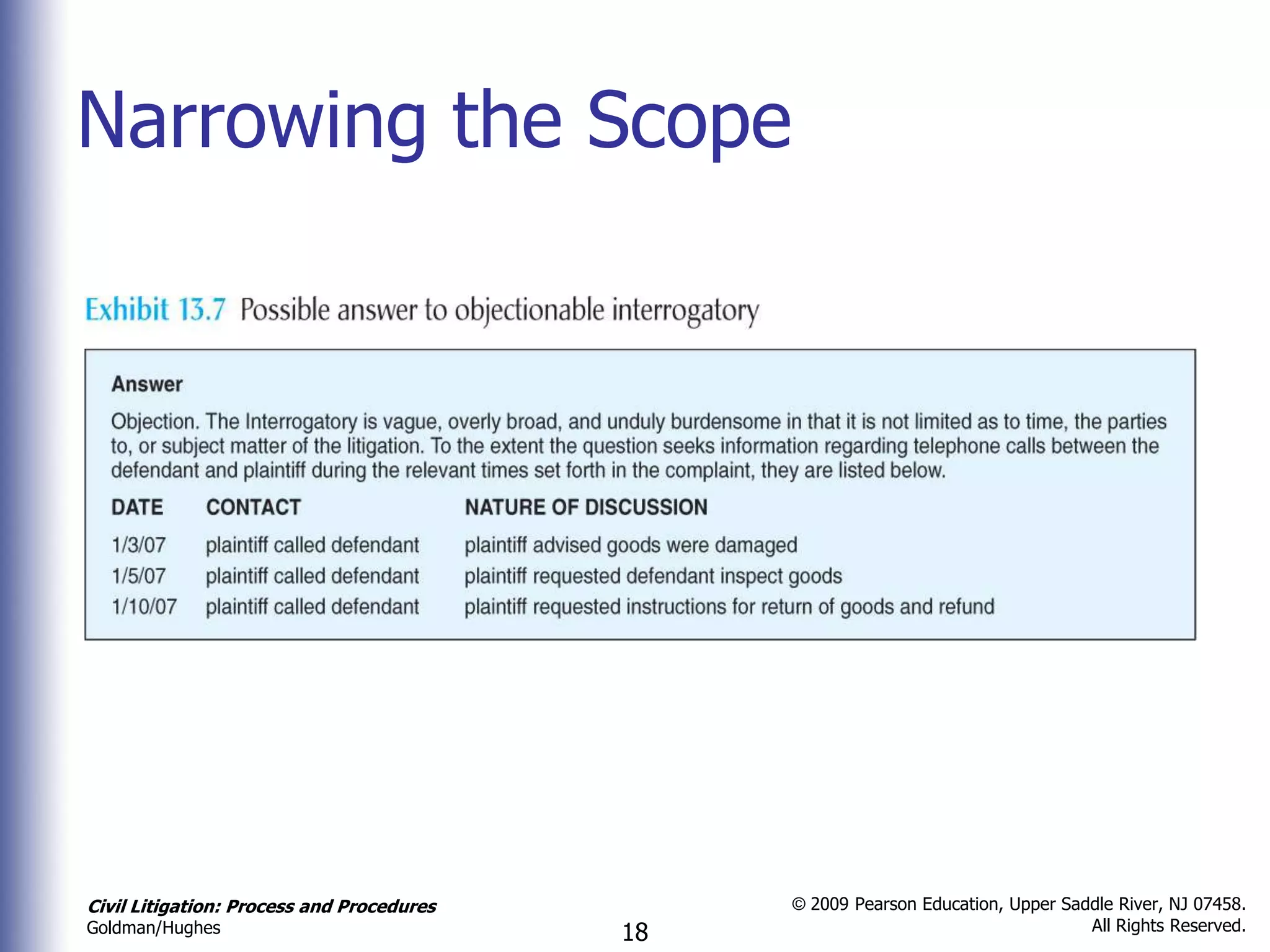 Narrowing the Scope




Civil Litigation: Process and Procedures        © 2009 Pearson Education, Upper Saddle River, NJ 07458.
                                                                                   All Rights Reserved.
Goldman/Hughes                             18
 