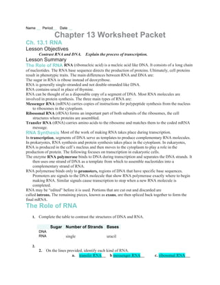 Name         Period    Date

                      Chapter 13 Worksheet Packet
Ch. 13.1 RNA
Lesson Objectives
        Contrast RNA and DNA.        Explain the process of transcription.
Lesson Summary
The Role of RNA RNA (ribonucleic acid) is a nucleic acid like DNA. It consists of a long chain
of nucleotides. The RNA base sequence directs the production of proteins. Ultimately, cell proteins
result in phenotypic traits. The main differences between RNA and DNA are:
The sugar in RNA is ribose instead of deoxyribose.
RNA is generally single-stranded and not double-stranded like DNA.
RNA contains uracil in place of thymine.
RNA can be thought of as a disposable copy of a segment of DNA. Most RNA molecules are
involved in protein synthesis. The three main types of RNA are:
Messenger RNA (mRNA) carries copies of instructions for polypeptide synthesis from the nucleus
    to ribosomes in the cytoplasm.
Ribosomal RNA (rRNA) forms an important part of both subunits of the ribosomes, the cell
    structures where proteins are assembled.
Transfer RNA (tRNA) carries amino acids to the ribosome and matches them to the coded mRNA
    message.
RNA Synthesis Most of the work of making RNA takes place during transcription.
In transcription, segments of DNA serve as templates to produce complementary RNA molecules.
In prokaryotes, RNA synthesis and protein synthesis takes place in the cytoplasm. In eukaryotes,
RNA is produced in the cell’s nucleus and then moves to the cytoplasm to play a role in the
production of protein. The following focuses on transcription in eukaryotic cells.
The enzyme RNA polymerase binds to DNA during transcription and separates the DNA strands. It
    then uses one strand of DNA as a template from which to assemble nucleotides into a
    complementary strand of RNA.
RNA polymerase binds only to promoters, regions of DNA that have specific base sequences.
    Promoters are signals to the DNA molecule that show RNA polymerase exactly where to begin
    making RNA. Similar signals cause transcription to stop when a new RNA molecule is
    completed.
RNA may be “edited” before it is used. Portions that are cut out and discarded are
called introns. The remaining pieces, known as exons, are then spliced back together to form the
final mRNA.
The Role of RNA
   1.   Complete the table to contrast the structures of DNA and RNA.

                 Sugar Number of Strands Bases
        DNA
        RNA               single                 uracil

   2.
        2.     On the lines provided, identify each kind of RNA.
                               a. transfer RNA        b messenger RNA        c. ribosomal RNA
 