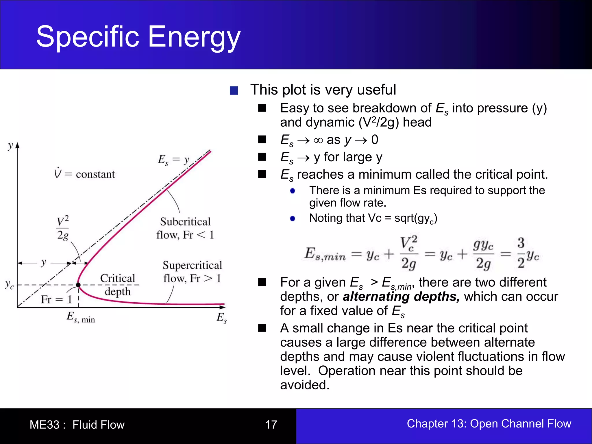 Specific Energy 
This plot is very useful 
Easy to see breakdown of Es into pressure (y) 
and dynamic (V2/2g) head 
Es   as y  0 
Es  y for large y 
Es reaches a minimum called the critical point. 
There is a minimum Es required to support the 
given flow rate. 
Noting that Vc = sqrt(gyc) 
For a given Es > Es,min, there are two different 
depths, or alternating depths, which can occur 
for a fixed value of Es 
A small change in Es near the critical point 
causes a large difference between alternate 
depths and may cause violent fluctuations in flow 
level. Operation near this point should be 
avoided. 
ME33 : Fluid Flow 17 Chapter 13: Open Channel Flow 
 