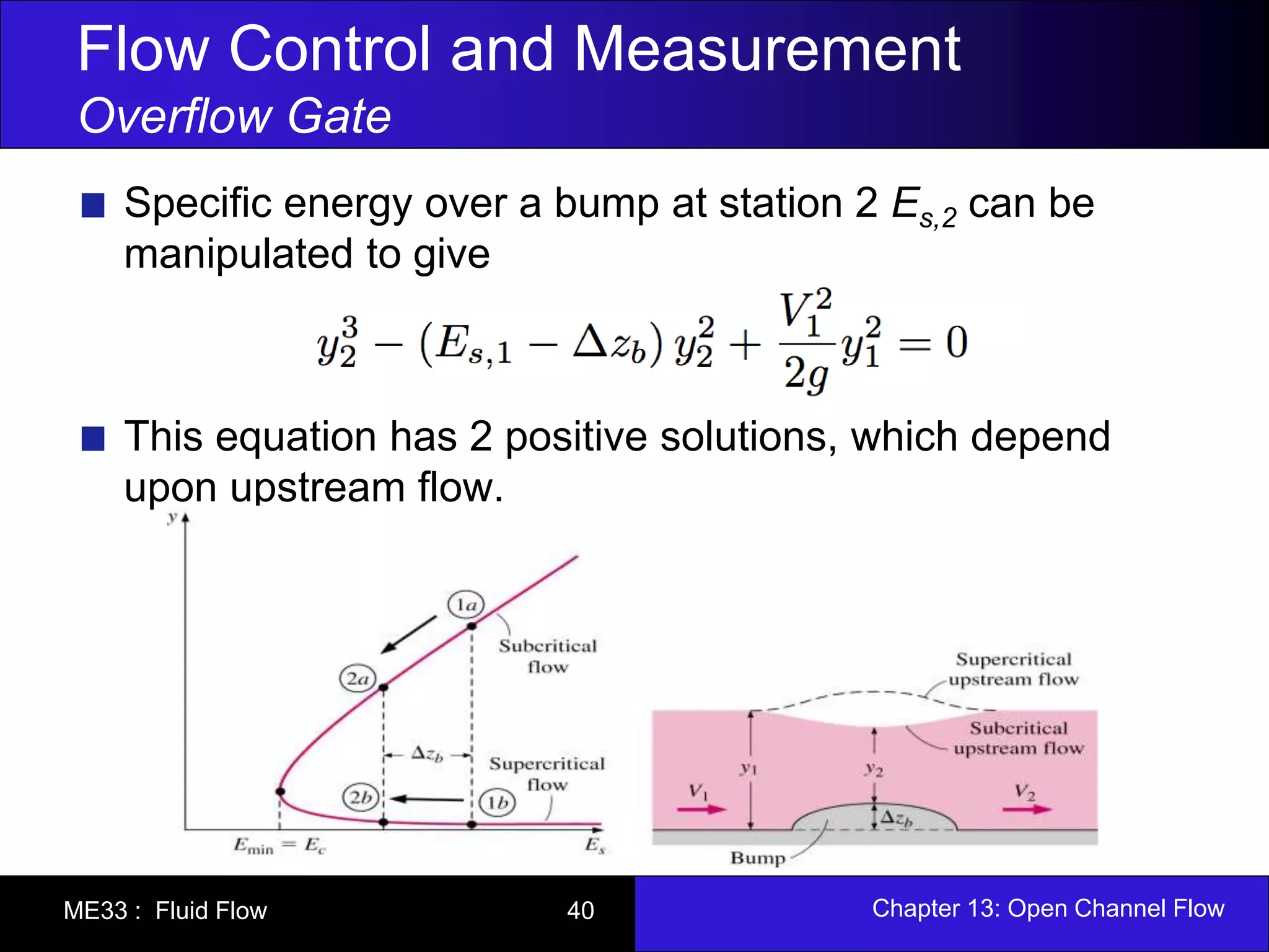 Flow Control and Measurement 
Overflow Gate 
Specific energy over a bump at station 2 Es,2 can be 
manipulated to give 
This equation has 2 positive solutions, which depend 
upon upstream flow. 
ME33 : Fluid Flow 40 Chapter 13: Open Channel Flow 
 