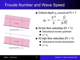 Froude Number and Wave Speed 
Critical depth yc occurs at Fr = 1 
At low flow velocities (Fr < 1) 
Disturbance travels upstream 
y > yc 
At high flow velocities (Fr > 1) 
Disturbance travels downstream 
y < yc 
ME33 : Fluid Flow 11 Chapter 13: Open Channel Flow 
 