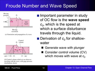 Froude Number and Wave Speed 
Important parameter in study 
of OC flow is the wave speed 
c0, which is the speed at 
which a surface disturbance 
travels through the liquid. 
Derivation of c0 for shallow-water 
Generate wave with plunger 
Consider control volume (CV) 
which moves with wave at c0 
ME33 : Fluid Flow 12 Chapter 13: Open Channel Flow 
 