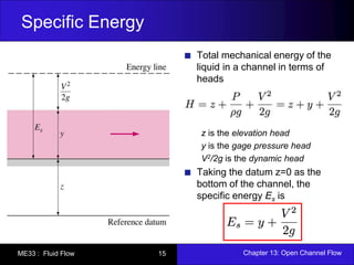 Specific Energy 
Total mechanical energy of the 
liquid in a channel in terms of 
heads 
z is the elevation head 
y is the gage pressure head 
V2/2g is the dynamic head 
Taking the datum z=0 as the 
bottom of the channel, the 
specific energy Es is 
ME33 : Fluid Flow 15 Chapter 13: Open Channel Flow 
 