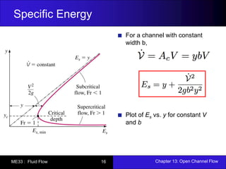 Specific Energy 
For a channel with constant 
width b, 
Plot of Es vs. y for constant V 
and b 
ME33 : Fluid Flow 16 Chapter 13: Open Channel Flow 
 