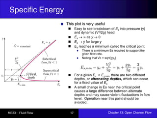 Specific Energy 
This plot is very useful 
Easy to see breakdown of Es into pressure (y) 
and dynamic (V2/2g) head 
Es   as y  0 
Es  y for large y 
Es reaches a minimum called the critical point. 
There is a minimum Es required to support the 
given flow rate. 
Noting that Vc = sqrt(gyc) 
For a given Es > Es,min, there are two different 
depths, or alternating depths, which can occur 
for a fixed value of Es 
A small change in Es near the critical point 
causes a large difference between alternate 
depths and may cause violent fluctuations in flow 
level. Operation near this point should be 
avoided. 
ME33 : Fluid Flow 17 Chapter 13: Open Channel Flow 
 