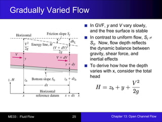 Gradually Varied Flow 
In GVF, y and V vary slowly, 
and the free surface is stable 
In contrast to uniform flow, Sf  
S0. Now, flow depth reflects 
the dynamic balance between 
gravity, shear force, and 
inertial effects 
To derive how how the depth 
varies with x, consider the total 
head 
ME33 : Fluid Flow 25 Chapter 13: Open Channel Flow 
 
