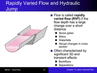Rapidly Varied Flow and Hydraulic 
Jump 
Flow is called rapidly 
varied flow (RVF) if the 
flow depth has a large 
change over a short 
distance 
Sluice gates 
Weirs 
Waterfalls 
Abrupt changes in cross 
section 
Often characterized by 
significant 3D and 
transient effects 
Backflows 
Separations 
ME33 : Fluid Flow 31 Chapter 13: Open Channel Flow 
 