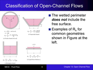 Classification of Open-Channel Flows 
The wetted perimeter 
does not include the 
free surface. 
Examples of Rh for 
common geometries 
shown in Figure at the 
left. 
ME33 : Fluid Flow 9 Chapter 13: Open Channel Flow 
 
