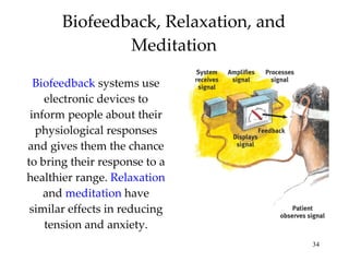 Biofeedback, Relaxation, and Meditation Biofeedback   systems use electronic devices to inform people about their physiological responses and gives them the chance to bring their response to a healthier range.  Relaxation  and  meditation  have similar effects in reducing tension and anxiety. 