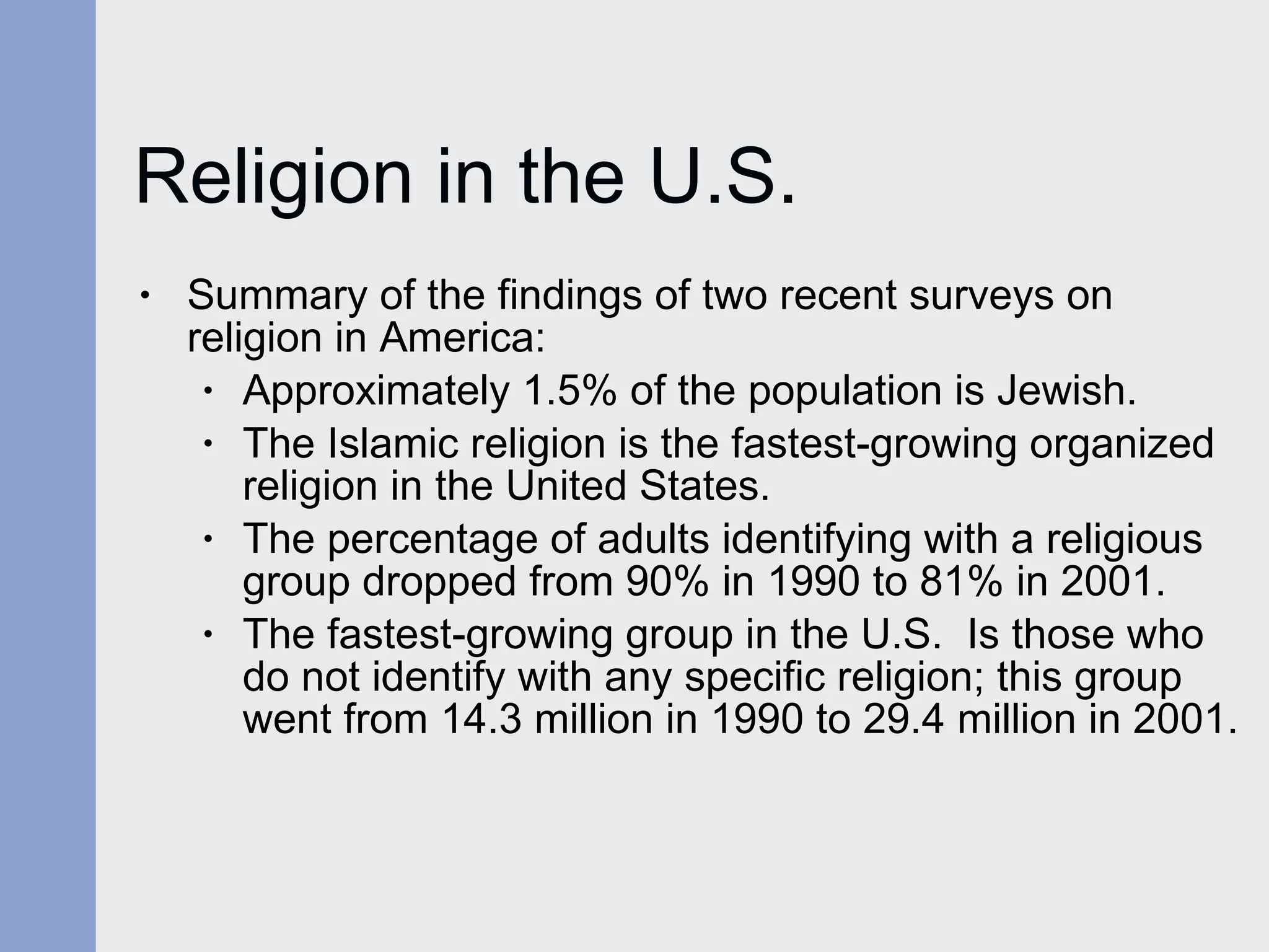 Religion in the U.S. Summary of the findings of two recent surveys on religion in America: Approximately 1.5% of the population is Jewish. The Islamic religion is the fastest-growing organized religion in the United States. The percentage of adults identifying with a religious group dropped from 90% in 1990 to 81% in 2001. The fastest-growing group in the U.S.  Is those who do not identify with any specific religion; this group went from 14.3 million in 1990 to 29.4 million in 2001. 