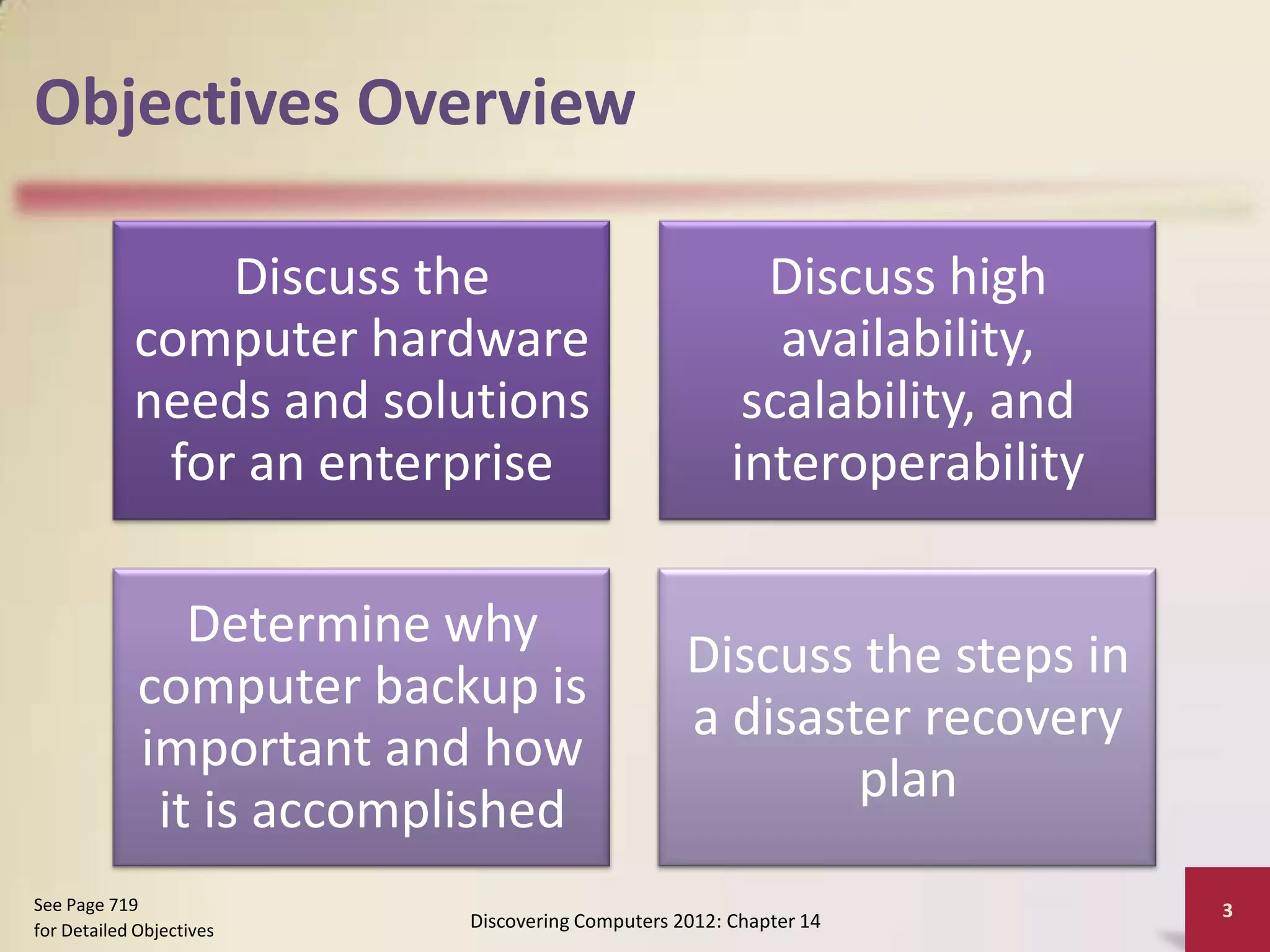 Objectives Overview

                Discuss the                              Discuss high
            computer hardware                             availability,
            needs and solutions                         scalability, and
             for an enterprise                         interoperability

                Determine why
                                                  Discuss the steps in
             computer backup is
                                                  a disaster recovery
             important and how
                                                          plan
              it is accomplished
See Page 719                                                               3
for Detailed Objectives    Discovering Computers 2012: Chapter 14
 