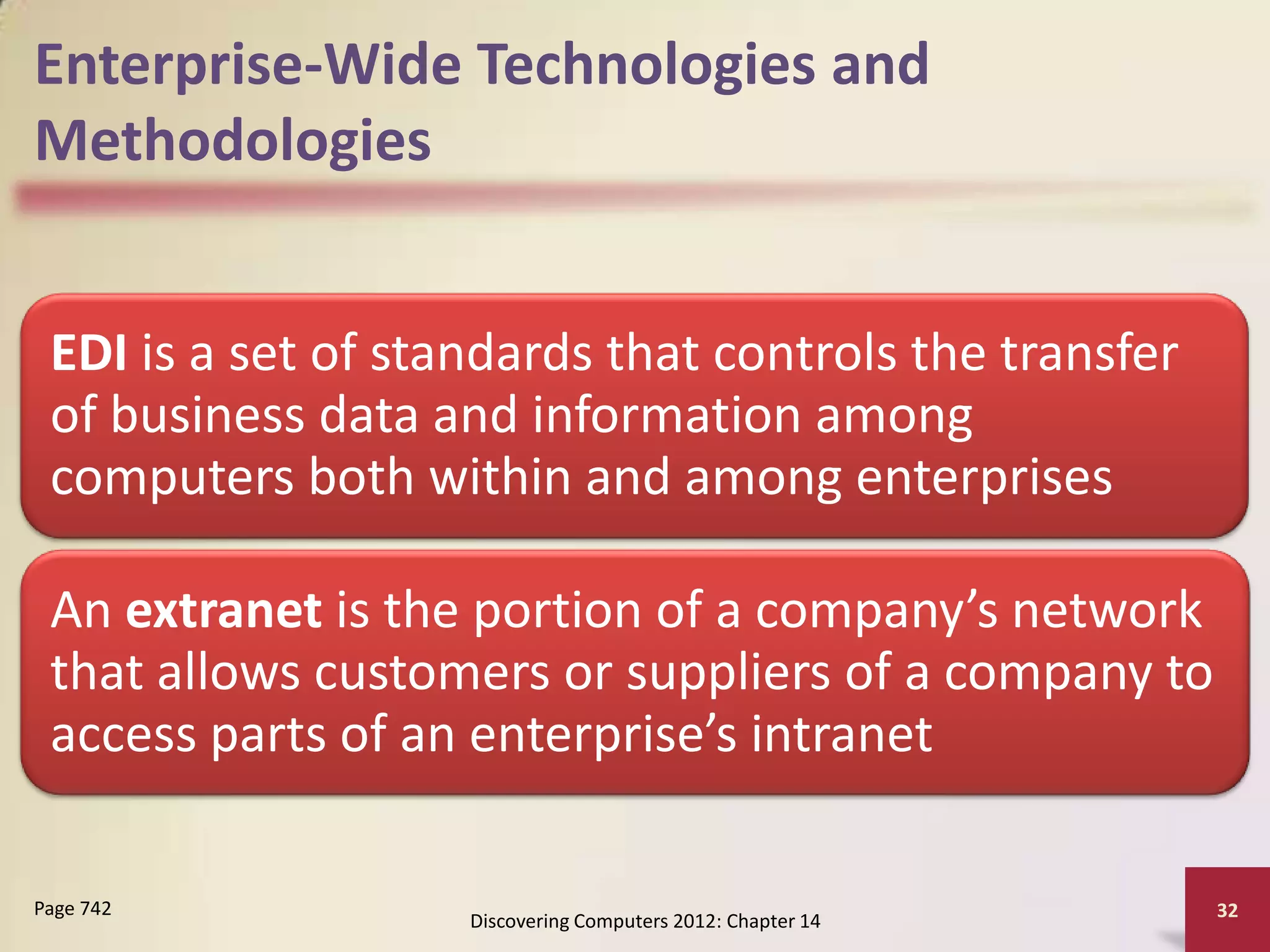 Enterprise-Wide Technologies and
Methodologies


 EDI is a set of standards that controls the transfer
 of business data and information among
 computers both within and among enterprises

 An extranet is the portion of a company’s network
 that allows customers or suppliers of a company to
 access parts of an enterprise’s intranet

Page 742                                                     32
                    Discovering Computers 2012: Chapter 14
 