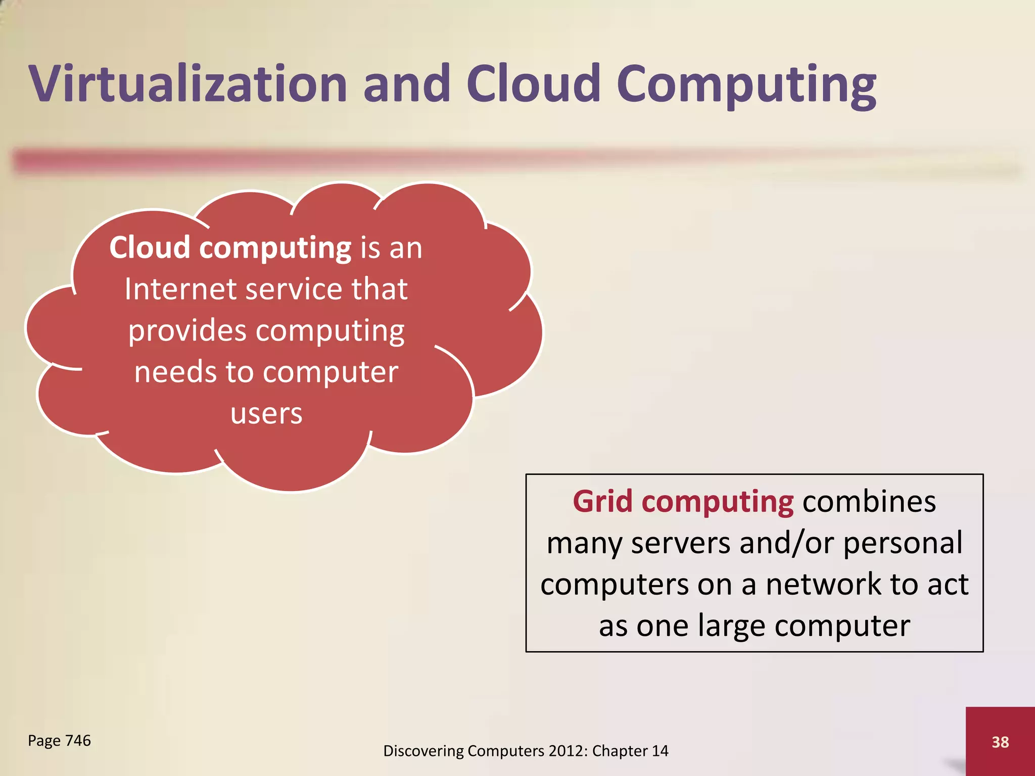 Virtualization and Cloud Computing

           Cloud computing is an
            Internet service that
            provides computing
             needs to computer
                   users

                                                    Grid computing combines
                                                  many servers and/or personal
                                                  computers on a network to act
                                                     as one large computer


Page 746                                                                          38
                              Discovering Computers 2012: Chapter 14
 
