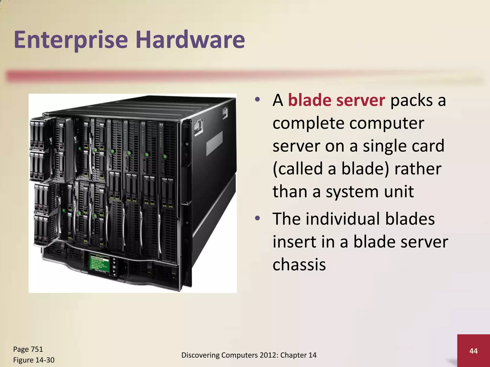 Enterprise Hardware

                                   • A blade server packs a
                                     complete computer
                                     server on a single card
                                     (called a blade) rather
                                     than a system unit
                                   • The individual blades
                                     insert in a blade server
                                     chassis



Page 751                                                        44
               Discovering Computers 2012: Chapter 14
Figure 14-30
 