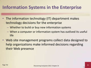 Information Systems in the Enterprise

• The information technology (IT) department makes
  technology decisions for the enterprise
      – Whether to build or buy new information systems
      – When a computer or information system has outlived its useful
        life
• Web site management programs collect data designed to
  help organizations make informed decisions regarding
  their Web presence



Page 732                                                                21
                          Discovering Computers 2012: Chapter 14
 